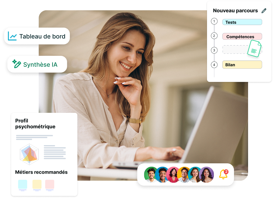 Interface Gonabi avec tableau de bord, profil psychométrique et parcours personnalisés